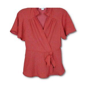 🚨083 Monteau Short Sleeve Retro Red White Polka Dot Wrap Blouse